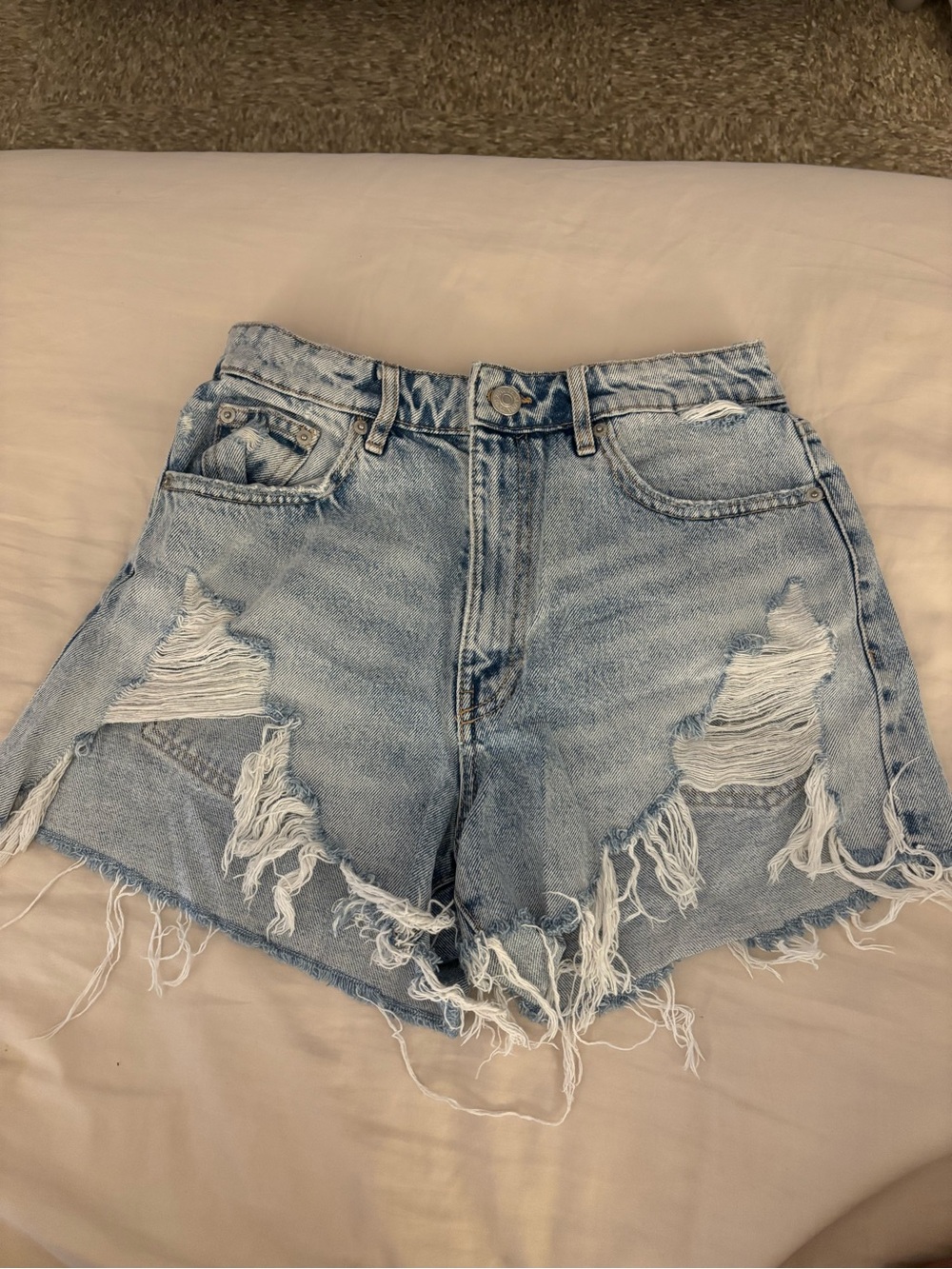 Zara Distressed High-Waist Light Blue Denim Shorts